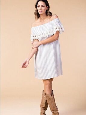 Kori Striped Off-Shoulder Top in White and Light blue